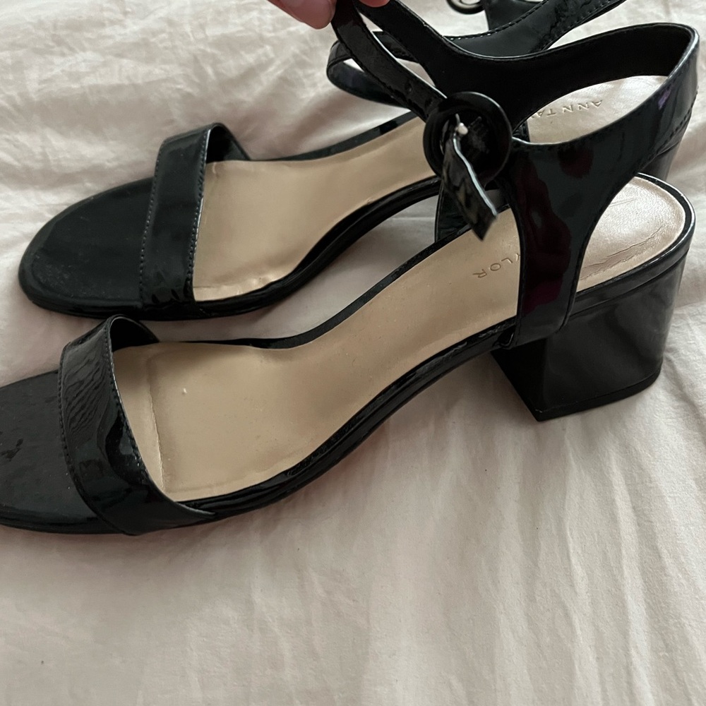 Ann Taylor Patent Black Strappy Block Heel, size 7.5